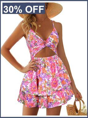 Women's V Neck Twist Spaghetti Strap Ruffle Hem Mini Romper Jumpsuit